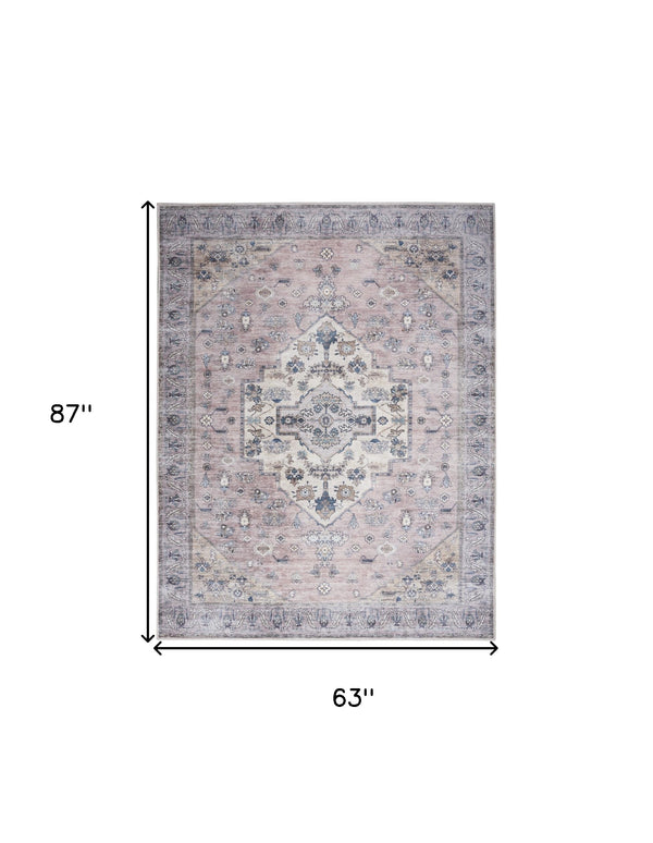 Homeroots 5' X 7' Pink And Blue Oriental Power Loom Distressed Washable Non Skid Area Rug  Polyester 533308