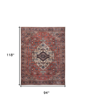 Homeroots 8' X 10' Blue And Red Oriental Power Loom Distressed Washable Non Skid Area Rug  Polyester 533322