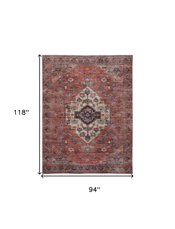 Homeroots 8' X 10' Blue And Red Oriental Power Loom Distressed Washable Non Skid Area Rug  Polyester 533322
