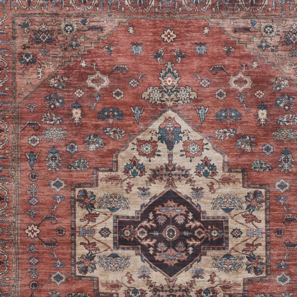HomeRoots 8' Distressed Blue and Red Oriental Power Loom Area Rug - Durable, Washable, Vintage Charm for Any Room 8' X 10' 533322