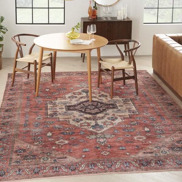 Homeroots 8' X 10' Blue And Red Oriental Power Loom Distressed Washable Non Skid Area Rug  Polyester 533322