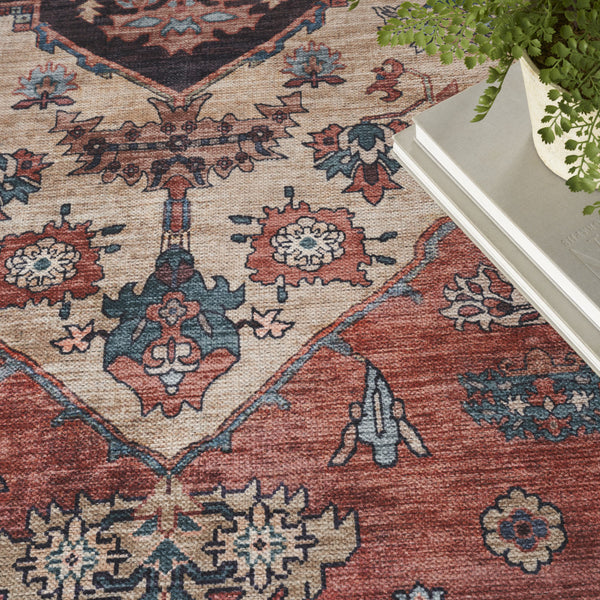 Homeroots 8' X 10' Blue And Red Oriental Power Loom Distressed Washable Non Skid Area Rug  Polyester 533322