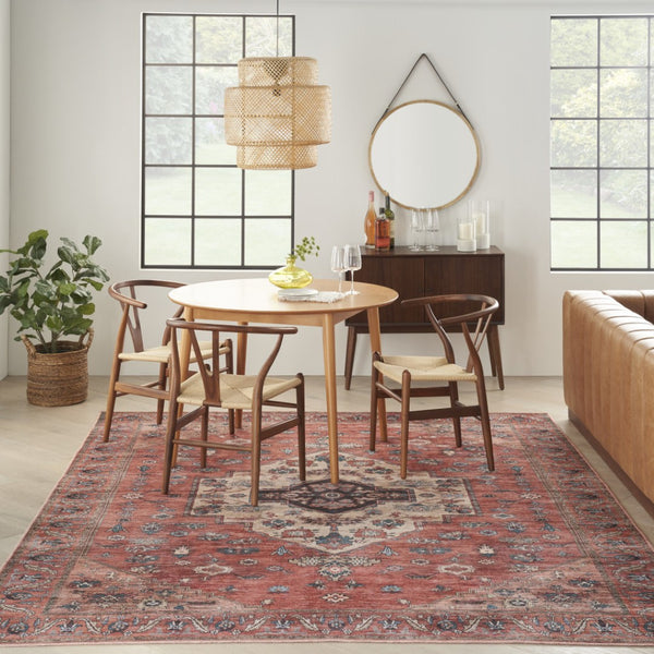 HomeRoots 8' Distressed Blue and Red Oriental Power Loom Area Rug - Durable, Washable, Vintage Charm for Any Room 8' X 10' 533322