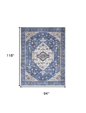 Homeroots 8' X 10' Blue And Beige Oriental Power Loom Distressed Washable Non Skid Area Rug  Polyester 533325