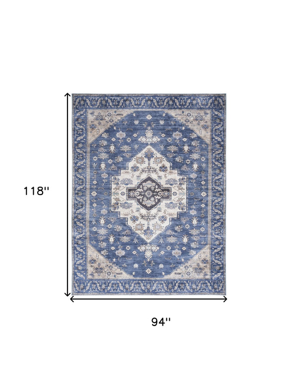 Homeroots 8' X 10' Blue And Beige Oriental Power Loom Distressed Washable Non Skid Area Rug  Polyester 533325