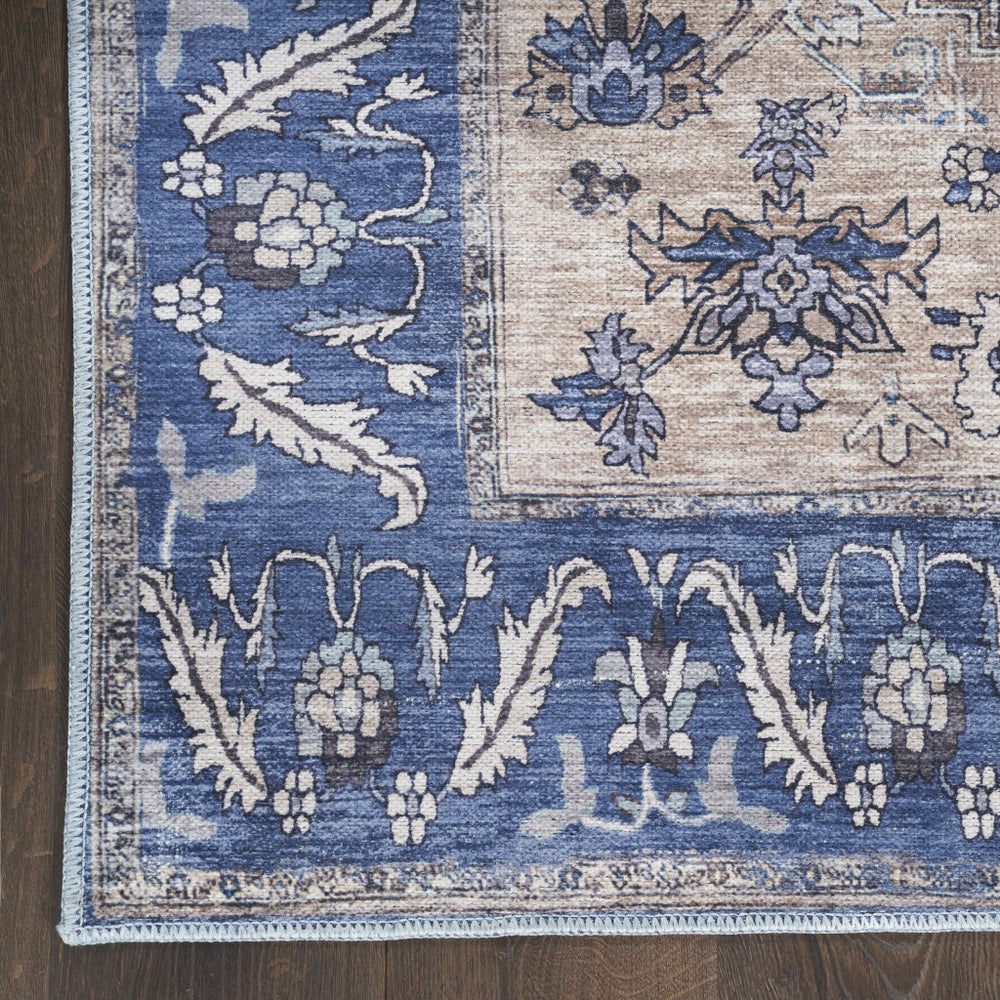 Homeroots 8' X 10' Blue And Beige Oriental Power Loom Distressed Washable Non Skid Area Rug  Polyester 533325