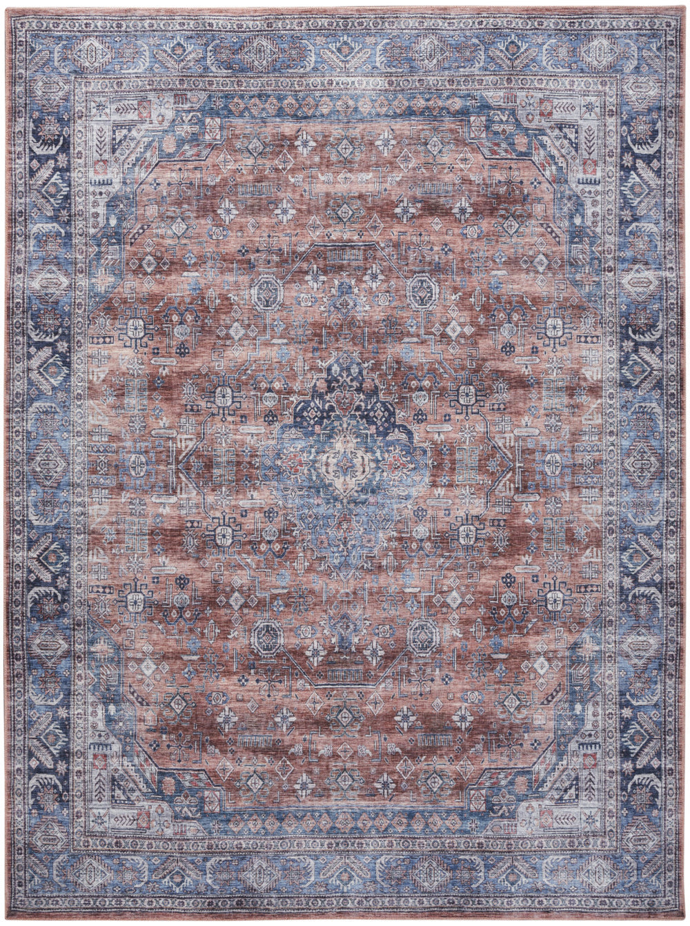 Homeroots 8' X 10' Blue And Red Oriental Power Loom Distressed Washable Non Skid Area Rug  Polyester 533326