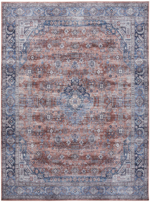 Homeroots 8' X 10' Blue And Red Oriental Power Loom Distressed Washable Non Skid Area Rug  Polyester 533326