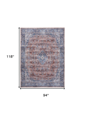 Homeroots 8' X 10' Blue And Red Oriental Power Loom Distressed Washable Non Skid Area Rug  Polyester 533326