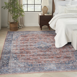 Homeroots 8' X 10' Blue And Red Oriental Power Loom Distressed Washable Non Skid Area Rug  Polyester 533326