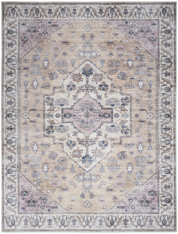Homeroots 8' X 10' Beige And Gray Oriental Power Loom Distressed Washable Non Skid Area Rug  Polyester 533327