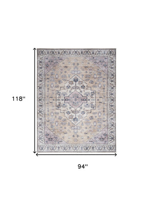 Homeroots 8' X 10' Beige And Gray Oriental Power Loom Distressed Washable Non Skid Area Rug  Polyester 533327