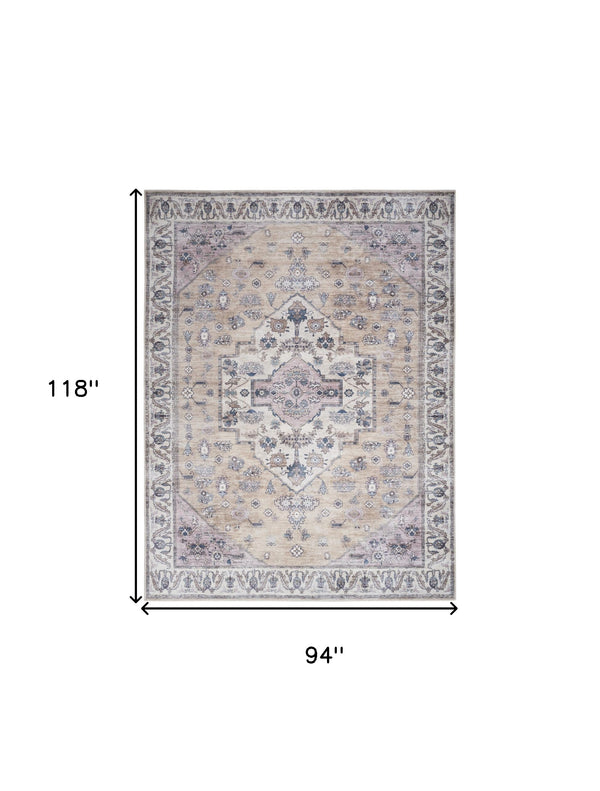 Homeroots 8' X 10' Beige And Gray Oriental Power Loom Distressed Washable Non Skid Area Rug  Polyester 533327