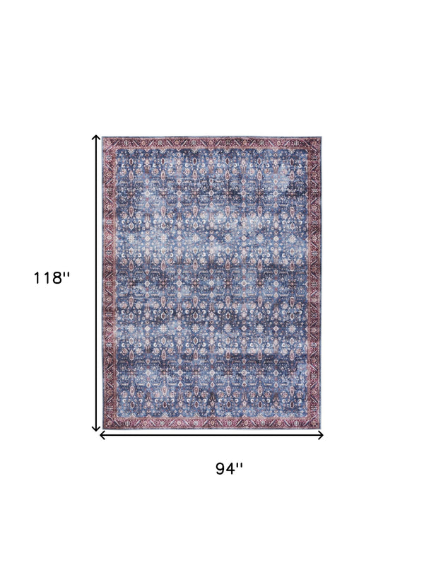 Homeroots 8' X 10' Blue And Red Oriental Power Loom Distressed Washable Non Skid Area Rug  Polyester 533328