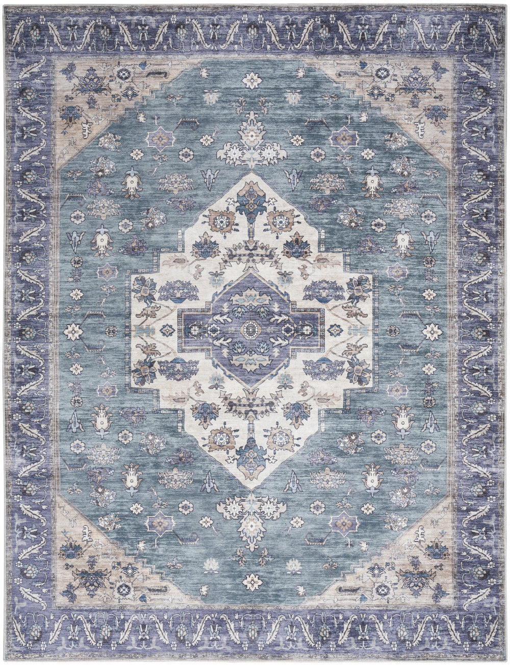 Homeroots 8' X 10' Blue And Green Oriental Power Loom Distressed Washable Non Skid Area Rug  Polyester 533329