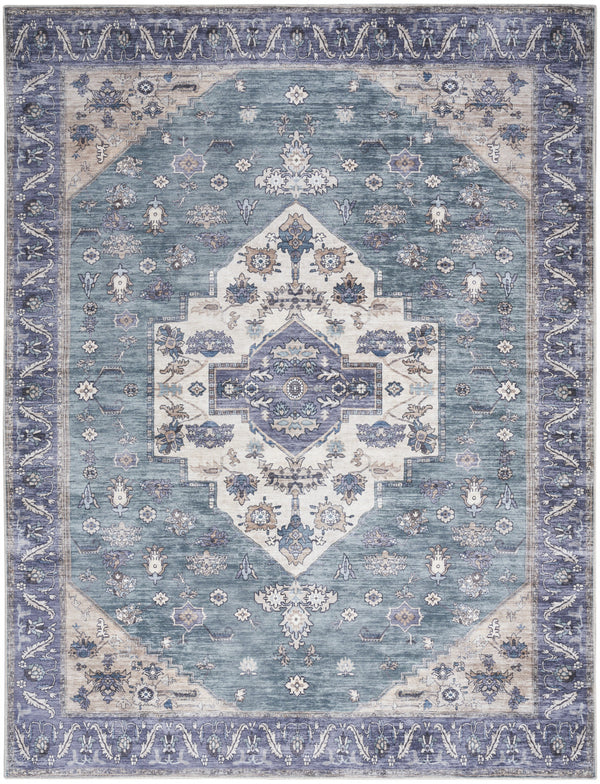 Homeroots 8' X 10' Blue And Green Oriental Power Loom Distressed Washable Non Skid Area Rug  Polyester 533329