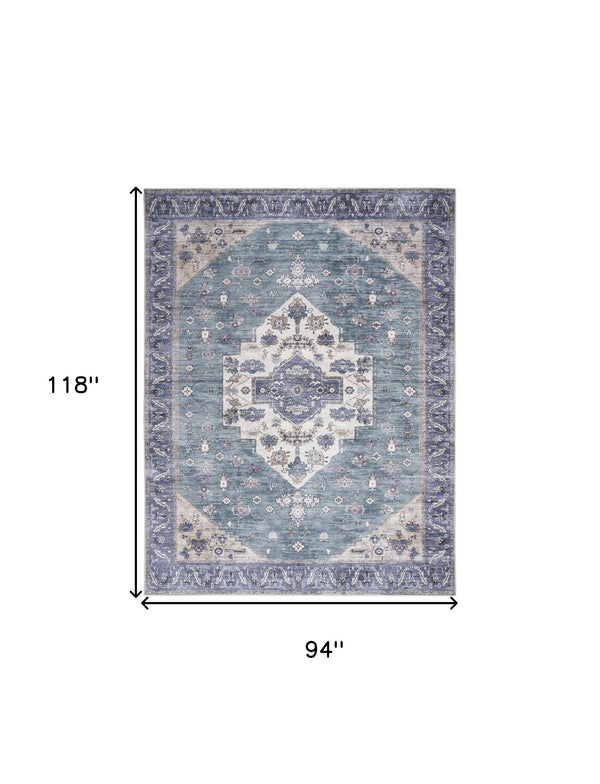 Homeroots 8' X 10' Blue And Green Oriental Power Loom Distressed Washable Non Skid Area Rug  Polyester 533329