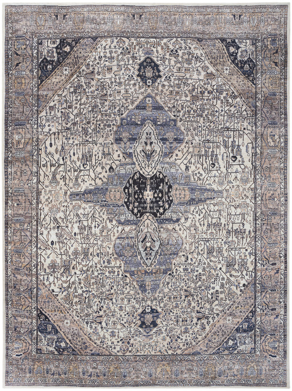 Homeroots 8' X 10' Ivory And Blue Oriental Power Loom Distressed Washable Non Skid Area Rug  Polyester 533330