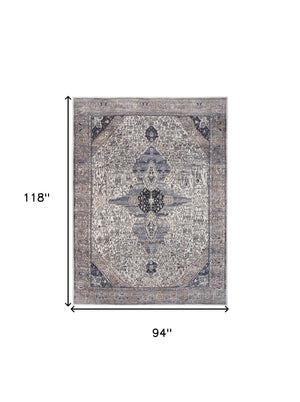 Homeroots 8' X 10' Ivory And Blue Oriental Power Loom Distressed Washable Non Skid Area Rug  Polyester 533330
