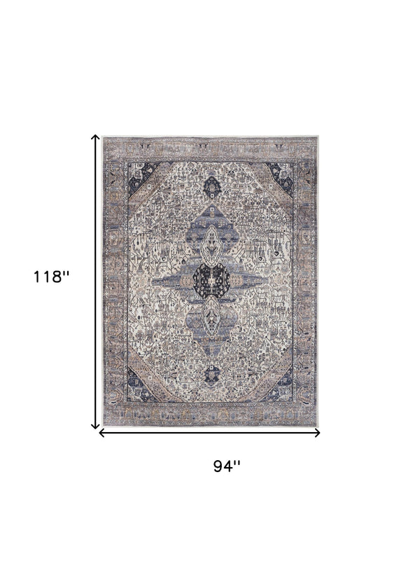 Homeroots 8' X 10' Ivory And Blue Oriental Power Loom Distressed Washable Non Skid Area Rug  Polyester 533330