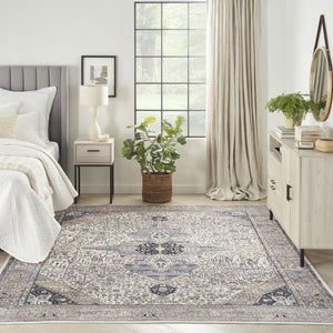 HomeRoots 5' Ivory and Blue Oriental Area Rug - Power Loomed, Distressed, Washable, Non-Skid for Easy Care 8' X 10' 533330
