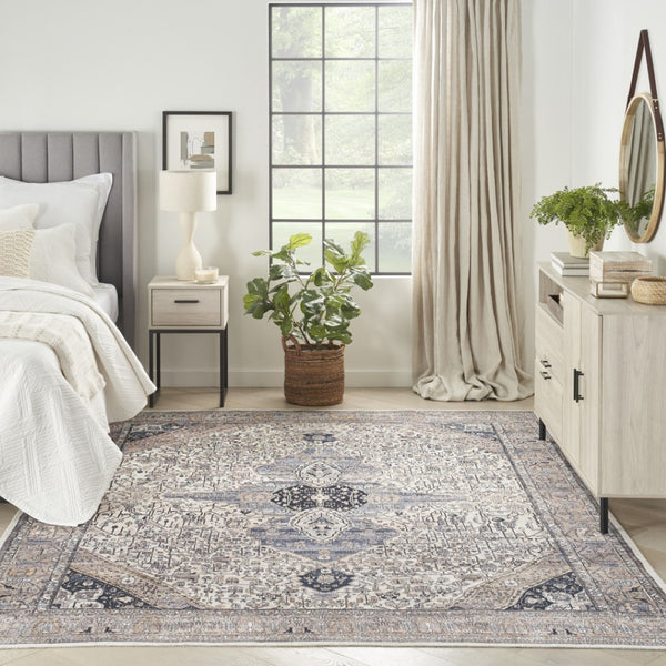 HomeRoots 5' Ivory and Blue Oriental Area Rug - Power Loomed, Distressed, Washable, Non-Skid for Easy Care 8' X 10' 533330