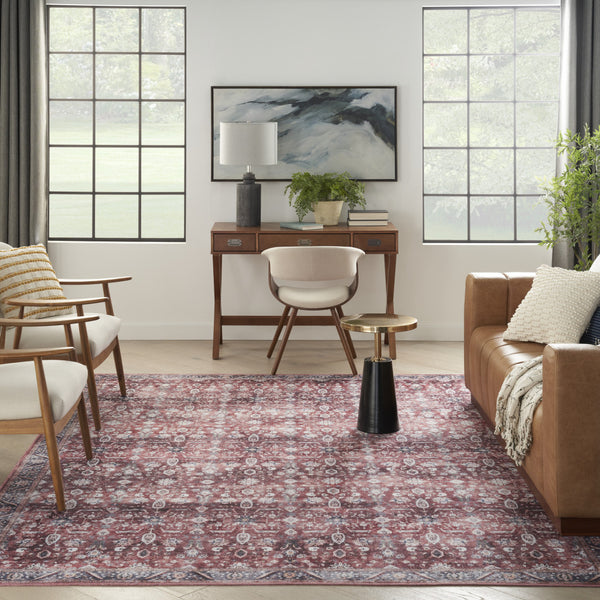 Homeroots 8' X 10' Red And Ivory Oriental Power Loom Distressed Washable Non Skid Area Rug  Polyester 533333