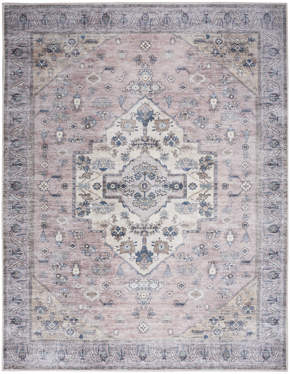 Homeroots 8' X 10' Pink And Blue Oriental Power Loom Distressed Washable Non Skid Area Rug  Polyester 533334