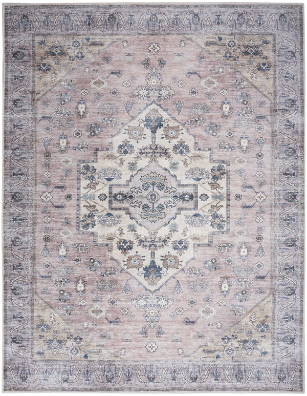 Homeroots 8' X 10' Pink And Blue Oriental Power Loom Distressed Washable Non Skid Area Rug  Polyester 533334