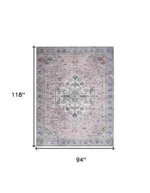 Homeroots 8' X 10' Pink And Blue Oriental Power Loom Distressed Washable Non Skid Area Rug  Polyester 533334