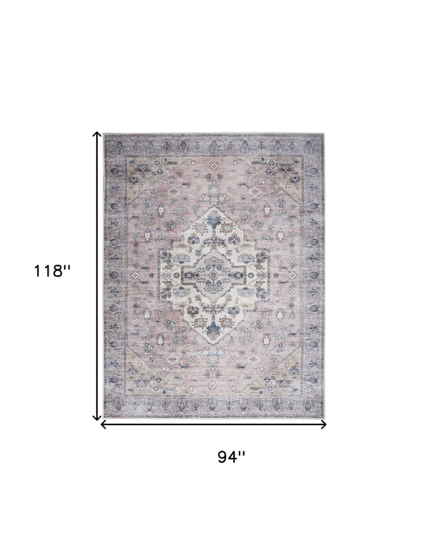 Homeroots 8' X 10' Pink And Blue Oriental Power Loom Distressed Washable Non Skid Area Rug  Polyester 533334