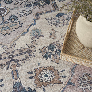 Homeroots 8' X 10' Pink And Blue Oriental Power Loom Distressed Washable Non Skid Area Rug  Polyester 533334