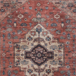 HomeRoots 9' Red and Ivory Medallion Distressed Area Rug - Timeless Elegance, Washable, Durable Design for Any Space 9' X 12' 533335