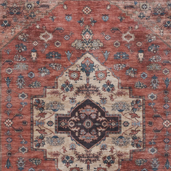 HomeRoots 9' Red and Ivory Medallion Distressed Area Rug - Timeless Elegance, Washable, Durable Design for Any Space 9' X 12' 533335