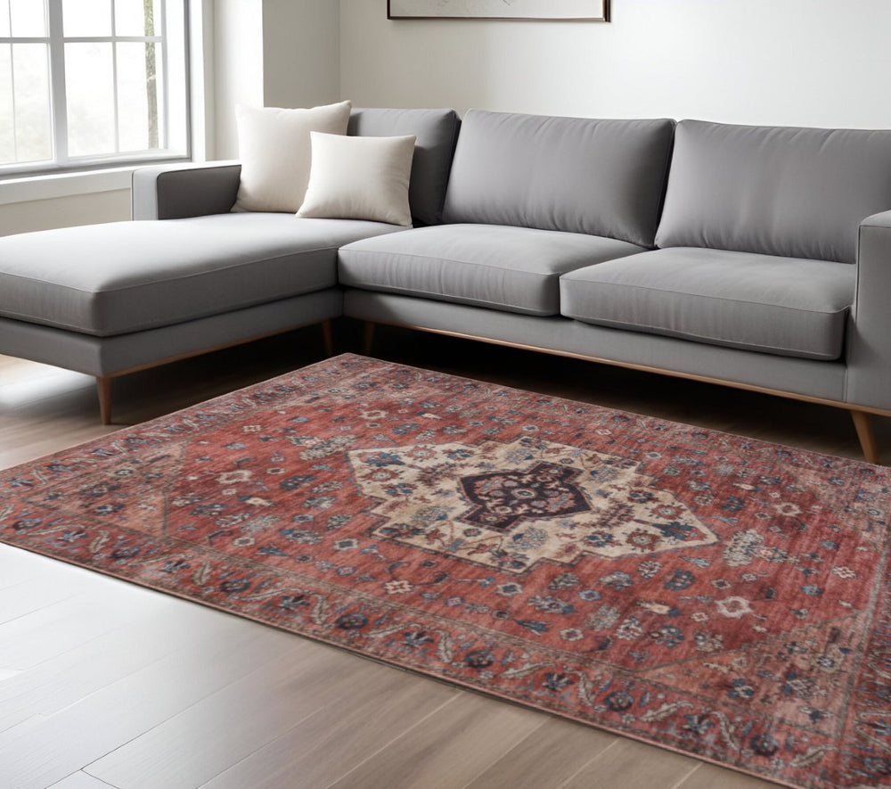 HomeRoots 9' Red and Ivory Medallion Distressed Area Rug - Timeless Elegance, Washable, Durable Design for Any Space 9' X 12' 533335