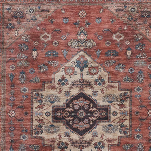 HomeRoots 9' Red and Ivory Medallion Distressed Area Rug - Timeless Elegance, Washable, Durable Design for Any Space 9' X 12' 533335
