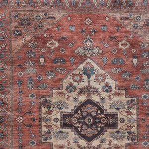 HomeRoots 9' Red and Ivory Medallion Distressed Area Rug - Timeless Elegance, Washable, Durable Design for Any Space 9' X 12' 533335
