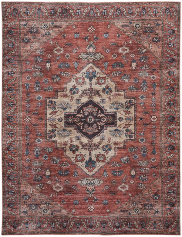 HomeRoots 9' Red and Ivory Medallion Distressed Area Rug - Timeless Elegance, Washable, Durable Design for Any Space 9' X 12' 533335