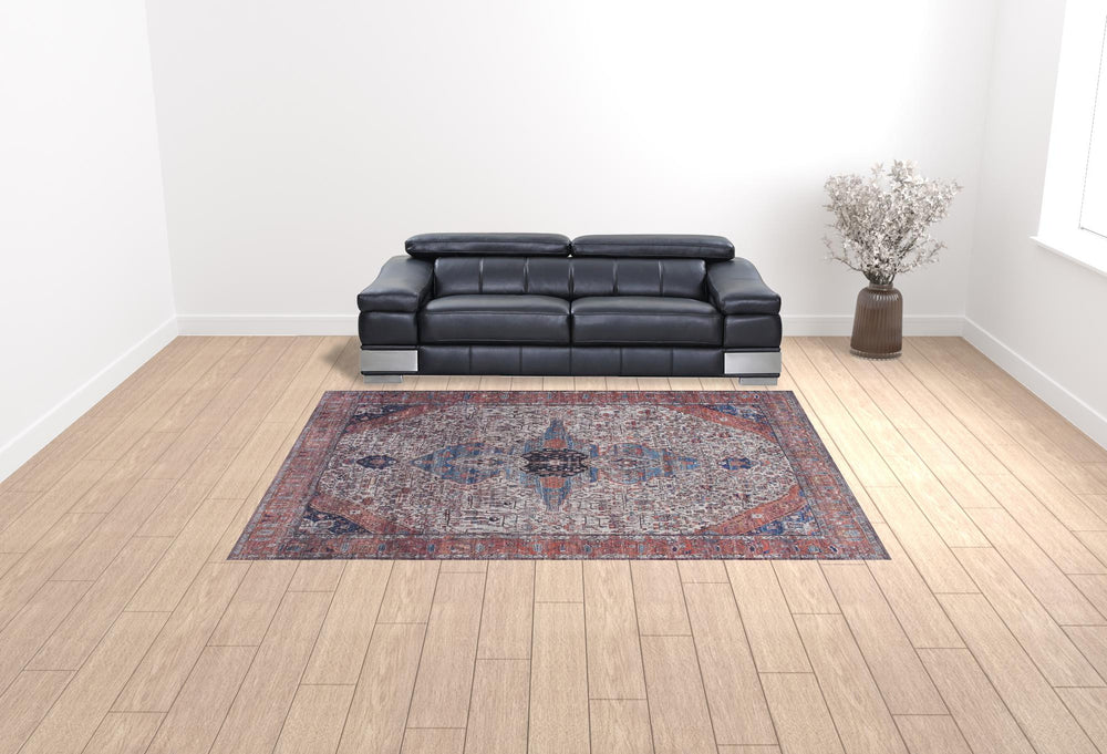 Homeroots 9' X 12' Red And Ivory Oriental Power Loom Distressed Washable Non Skid Area Rug  Polyester 533336