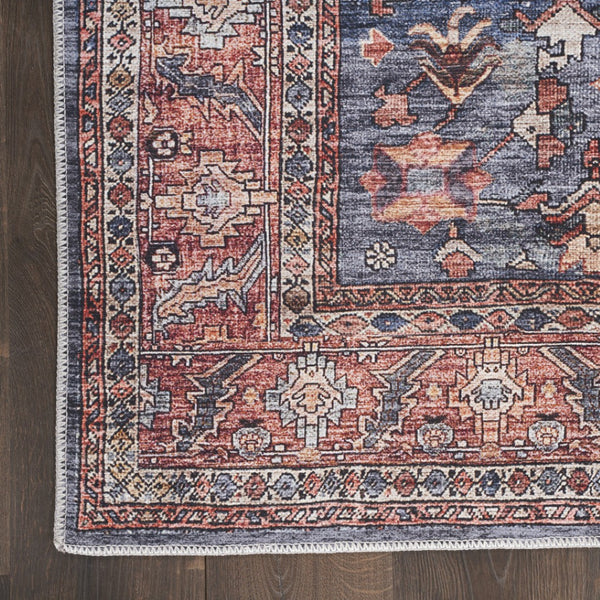 HomeRoots 5' Blue and Red Oriental Area Rug - Distressed Power Loom Design, Washable, Non-Skid, Stylish Decor 9' X 12' 533337