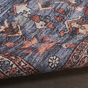 Homeroots 9' X 12' Blue And Red Oriental Power Loom Distressed Washable Non Skid Area Rug  Polyester 533337