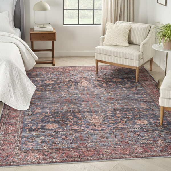 HomeRoots 5' Blue and Red Oriental Area Rug - Distressed Power Loom Design, Washable, Non-Skid, Stylish Decor 9' X 12' 533337