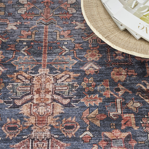 Homeroots 9' X 12' Blue And Red Oriental Power Loom Distressed Washable Non Skid Area Rug  Polyester 533337