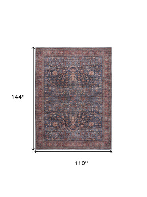 Homeroots 9' X 12' Blue And Red Oriental Power Loom Distressed Washable Non Skid Area Rug  Polyester 533337
