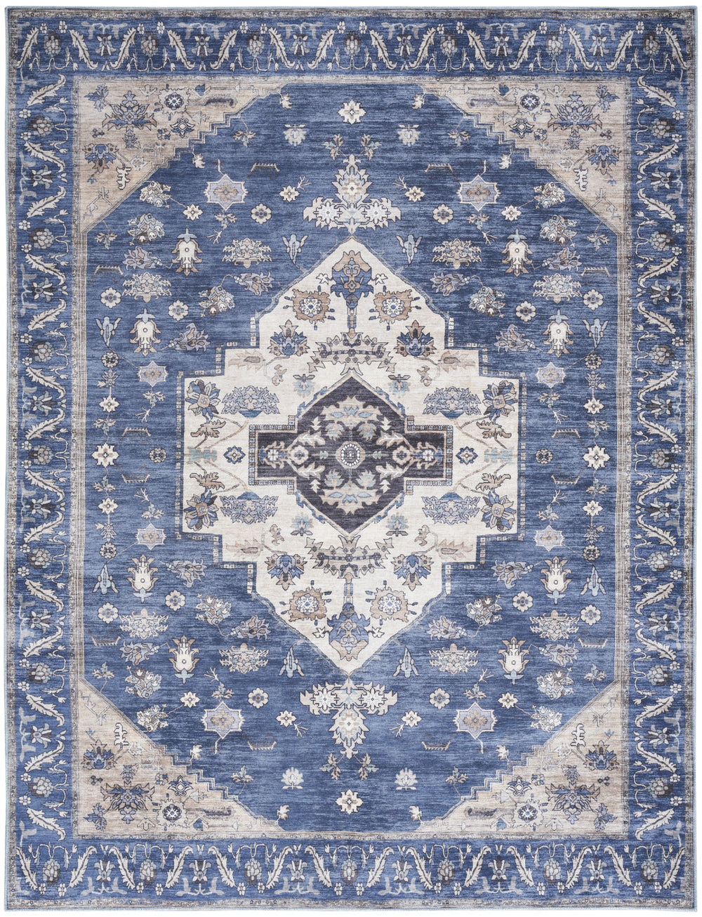 Homeroots 9' X 12' Blue And Ivory Oriental Power Loom Distressed Washable Non Skid Area Rug  Polyester 533338