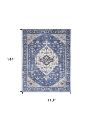 Homeroots 9' X 12' Blue And Ivory Oriental Power Loom Distressed Washable Non Skid Area Rug  Polyester 533338