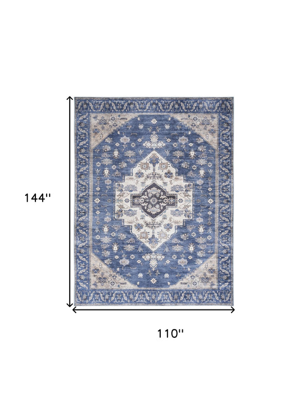 Homeroots 9' X 12' Blue And Ivory Oriental Power Loom Distressed Washable Non Skid Area Rug  Polyester 533338
