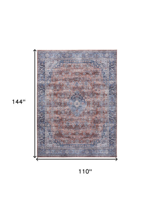 Homeroots 9' X 12' Blue And Red Oriental Power Loom Distressed Washable Non Skid Area Rug  Polyester 533339