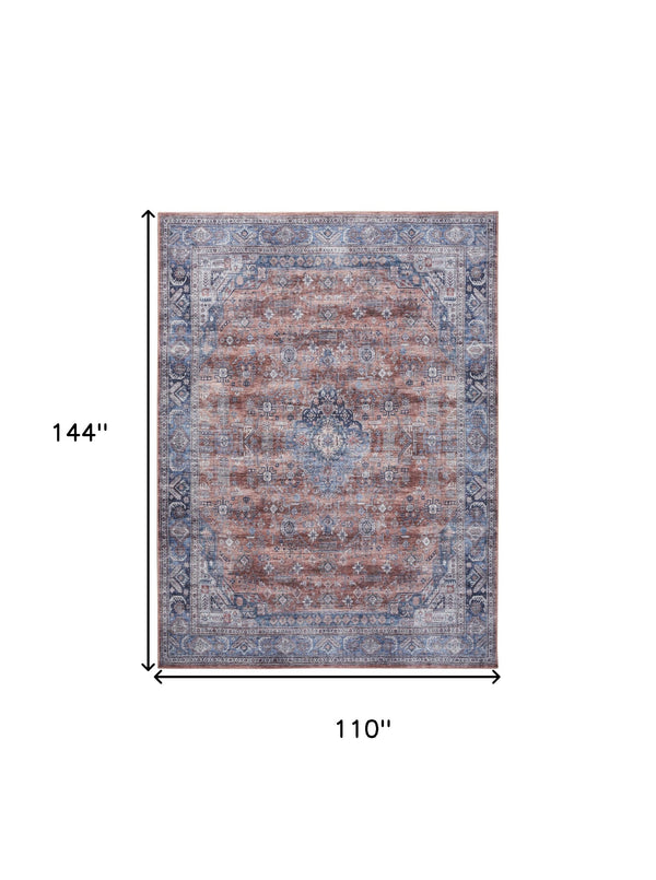 Homeroots 9' X 12' Blue And Red Oriental Power Loom Distressed Washable Non Skid Area Rug  Polyester 533339