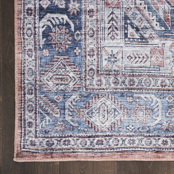 Homeroots 9' X 12' Blue And Red Oriental Power Loom Distressed Washable Non Skid Area Rug  Polyester 533339